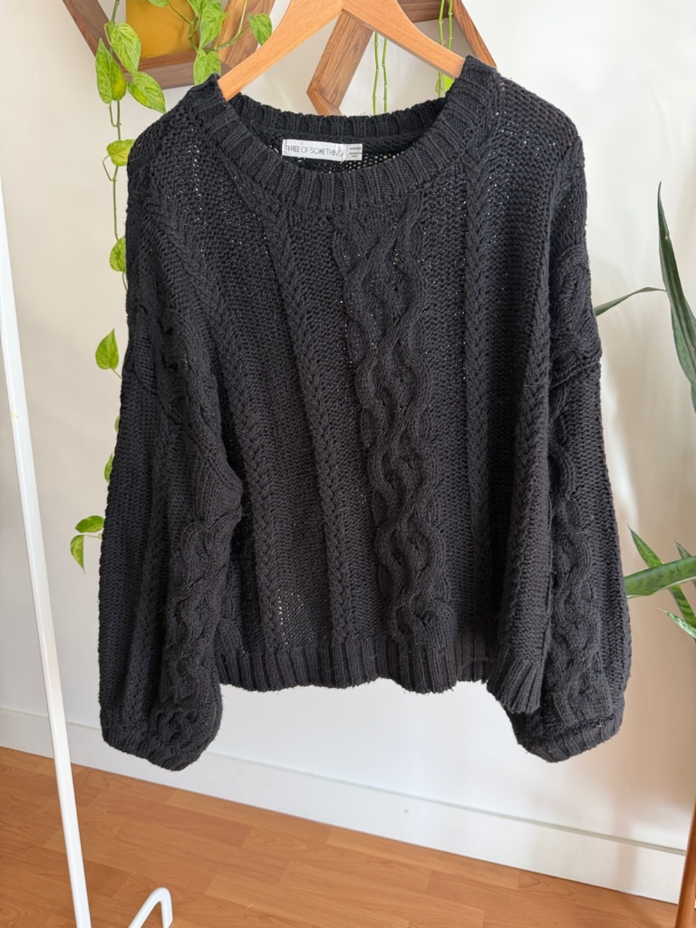 Cable-Knit Crewneck Sweater in Black by